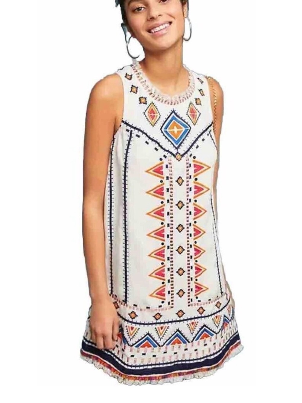 Anthropologie Cream Midi Dress with Colorful Aztec Embroidery